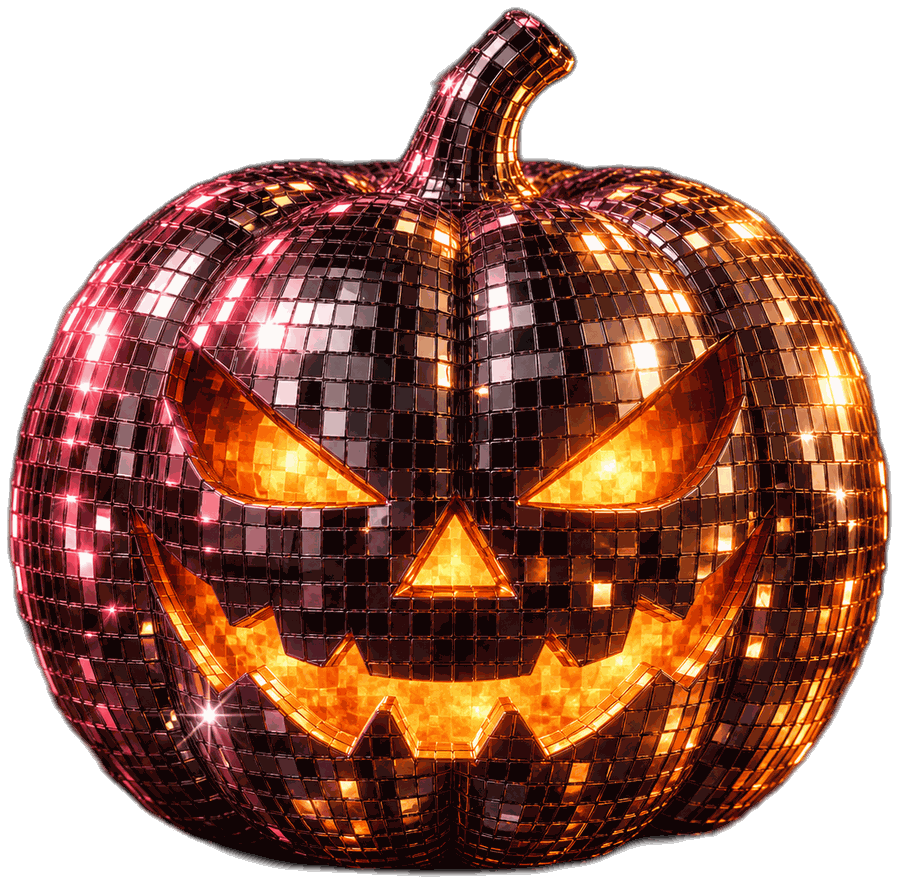 Disco-ball jack-o'-lantern glowing red and orange